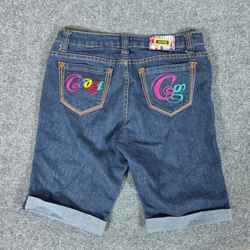 COOGI Girls Blue Denim Bermuda Shorts Rainbow Embroidery Size 5/6 Dark Wash